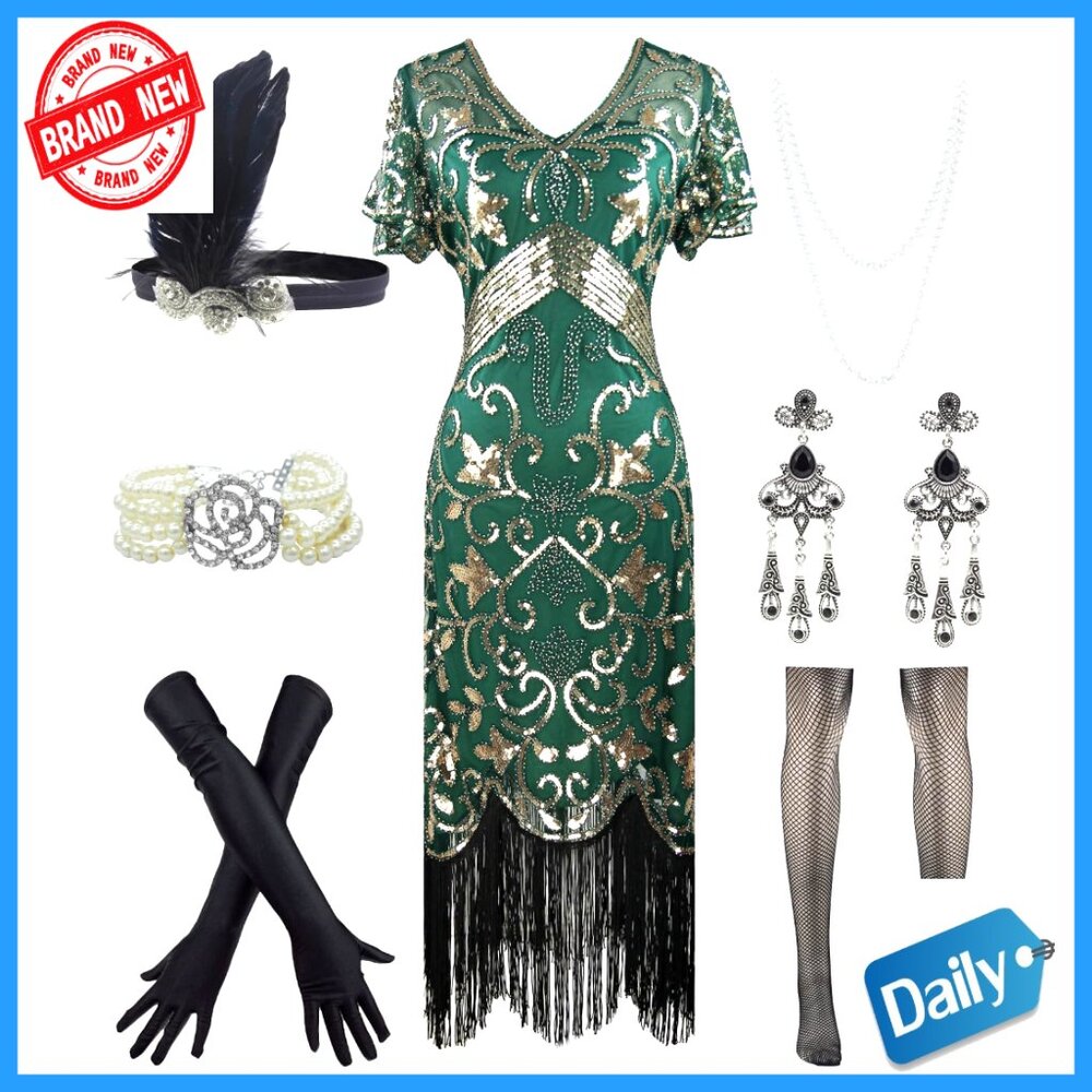 Sequined Flapper Dress with Accessories Set, Size S-XL, Gatsby Cocktail Party